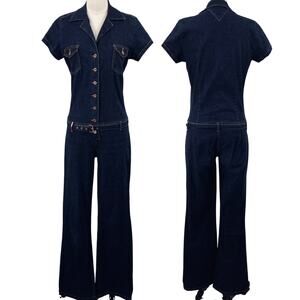Vintage 90s Tommy Hilfiger Denim Jumpsuit Wide Leg Button Front Belted Medium